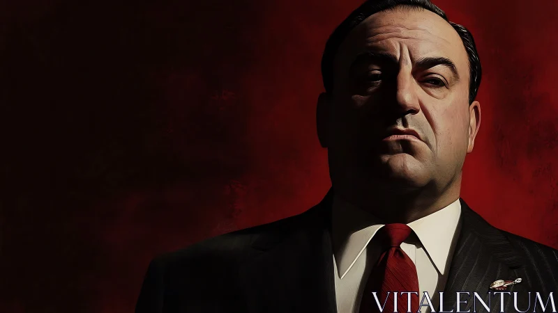 Powerful mob boss portrait against dark red void.