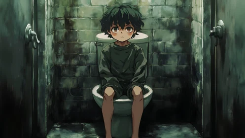 Small dreamer sits quietly in a crumbling tiled cell