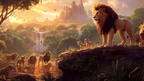 Lion Pride Surveys Mystical Kingdom at Golden Sunrise.