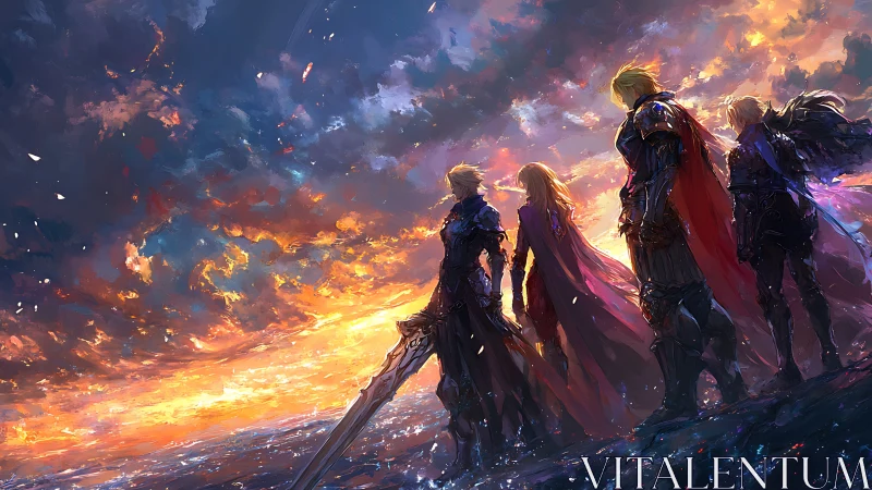 Radiant skyward warriors beneath a blazing storm horizon.
