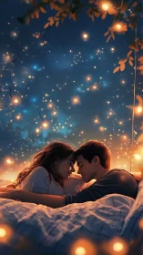 Young couple shares intimate moment under enchanted lights.