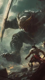 Armored giant confronting lone warrior on burning battlefield.