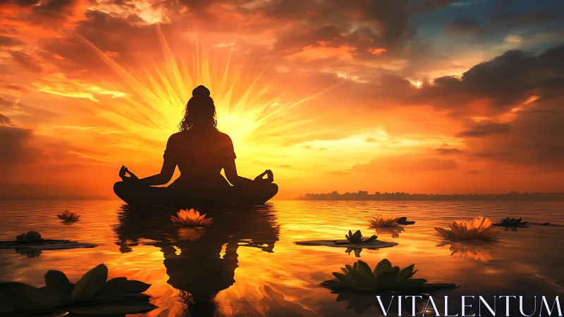 Silhouette figure sits in lotus pose on reflective water surface