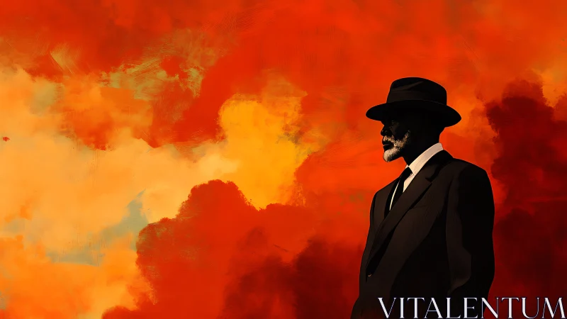Boldly dressed gentleman stands against a blazing red sky