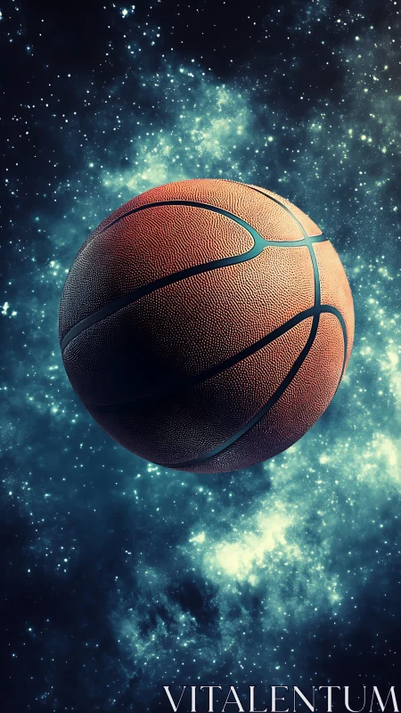 Hyperreal basketball sphere suspended against galactic nebula