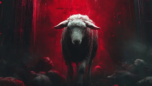 Sheep stands centered against saturated red digital backdrop
