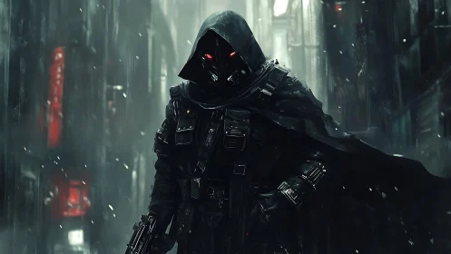 Cybernetic enforcer advances through rain-soaked neon alleyway