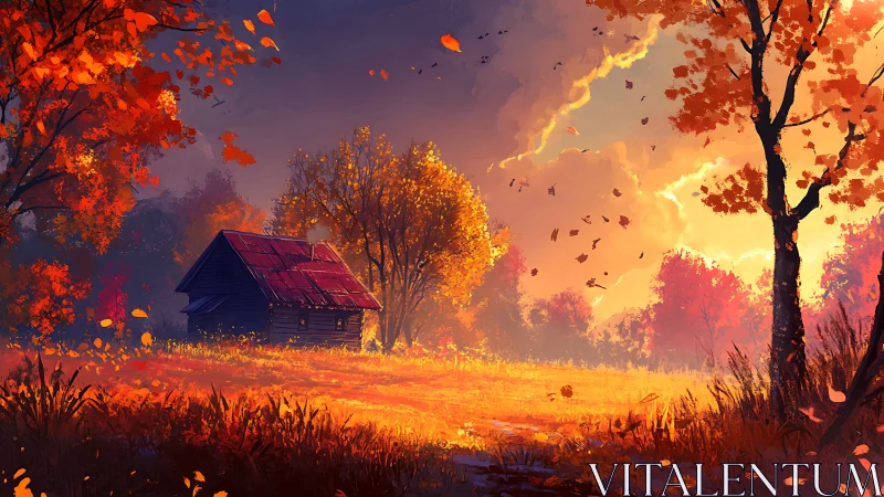 Autumn field cabin under radiant sunset sky with swirling leaves