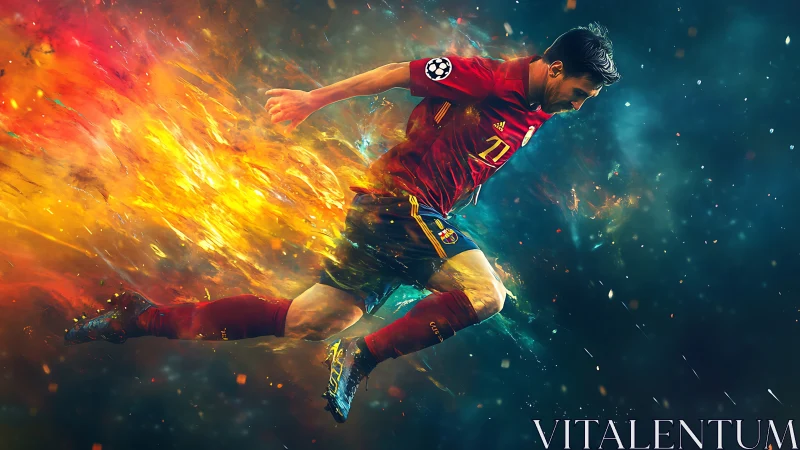 Dynamic soccer player sprinting in fiery digital motion art.
