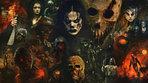 Horror creatures converge under burning skies, undead awaken.