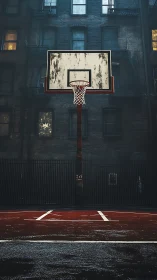 Urban outdoor basketball hoop on wet court at dusk.