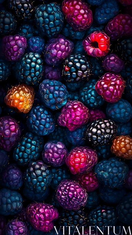 Color-saturated raspberries and blackberries in close macro view.