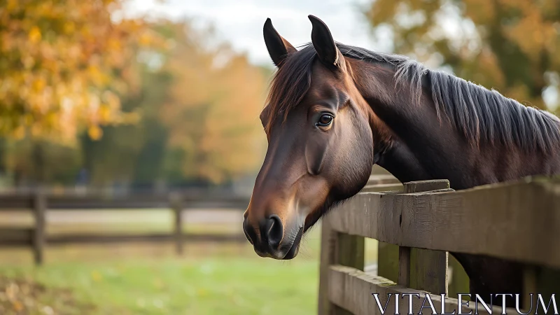 Brown horse at wooden paddock fence in autumn setting.