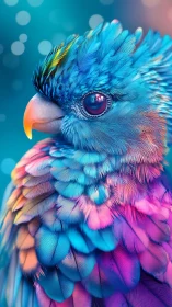 Iridescent macro portrait of neon blue and magenta parrot