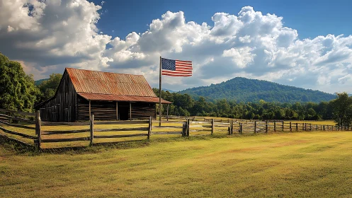 Rustic barn and US flag under expansive summer sky.