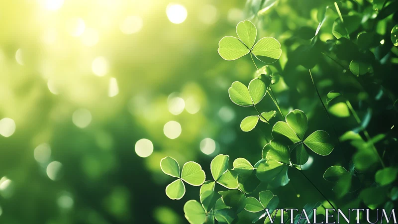 Backlit clover leaves in shallow depth, high-key green bokeh field