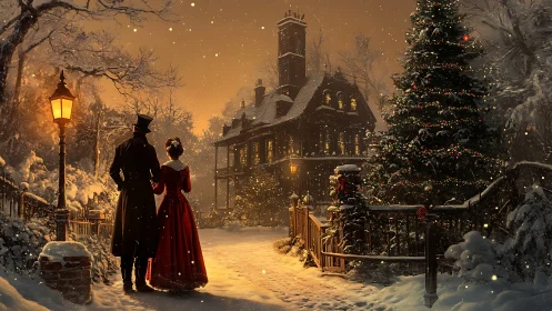 Victorian couple in lantern-lit snowy Christmas manor scene.