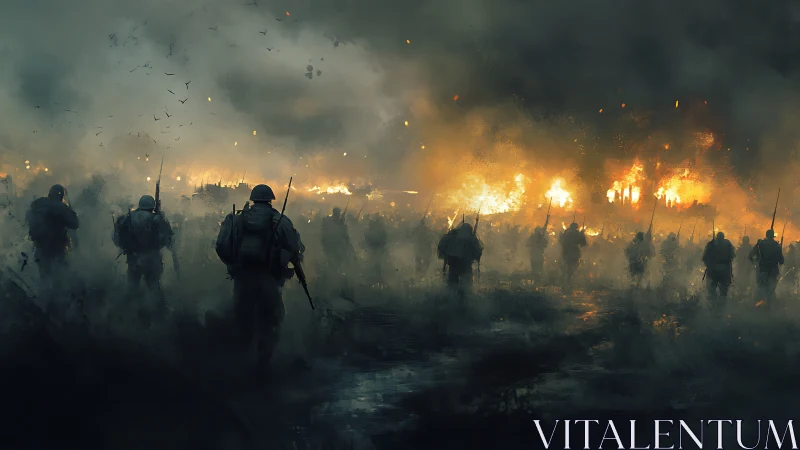 Soldiers advance through smoke toward burning battlefield.