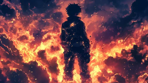 Lone anime hero stands strong in a breathtaking sea of fire