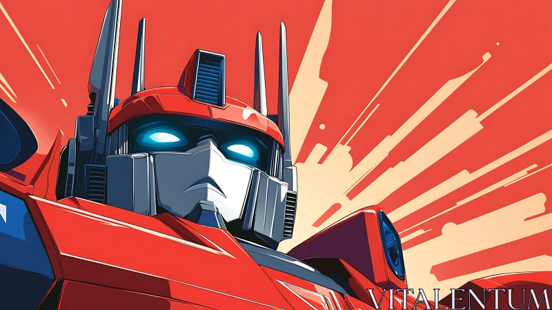 Heroic red robot gazes ahead with bold glowing eyes.