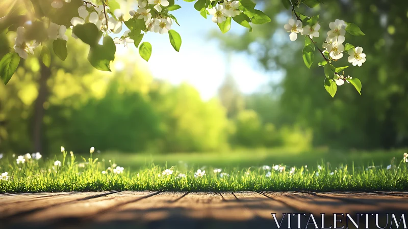 Gentle spring morning over a sunlit wooden garden path.