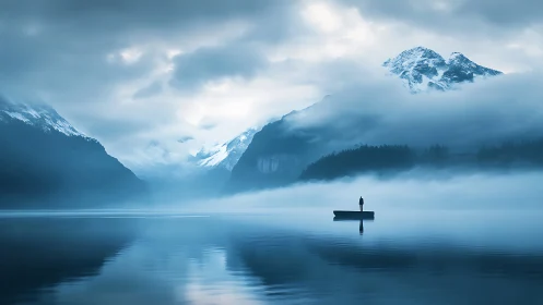 Solitary figure on misty alpine lake with snow mountains.