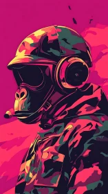 Simian soldier in helmet and camo suit against pink sky.