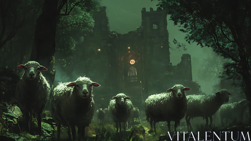Sheep in emerald twilight before a secretive forest castle.