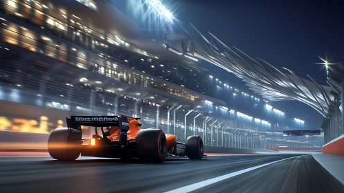 Night racing car on illuminated modern city circuit.