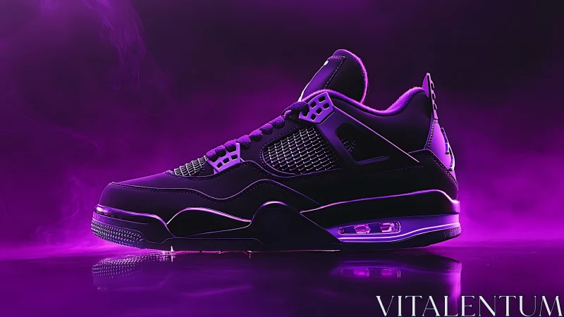 Purple athletic sneaker in side profile on reflective surface.