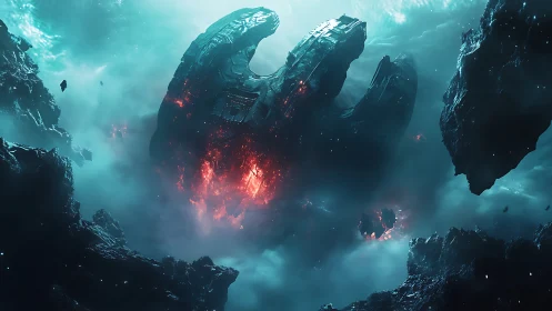 Colossal fractured starship burning amid cyan nebula field.