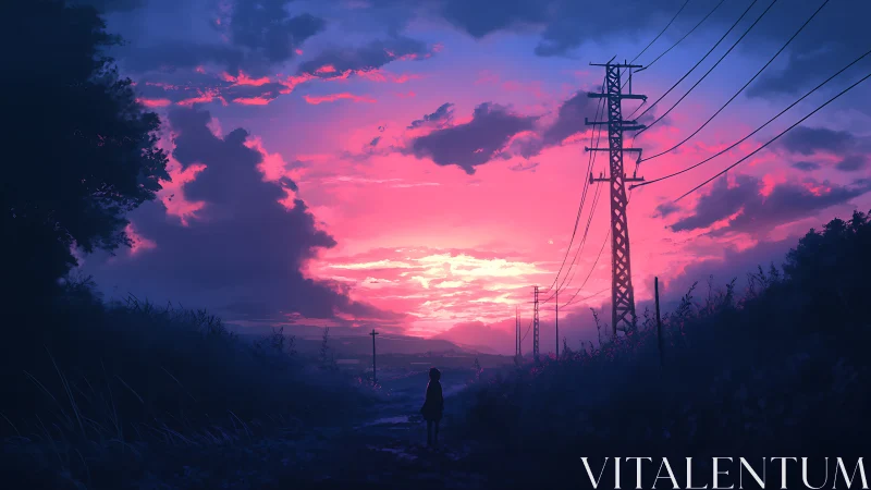 Backlit power lines frame a magenta dusk sky over rural path