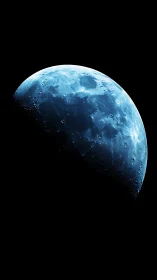 Lunar surface segment in blue-toned illumination against void.