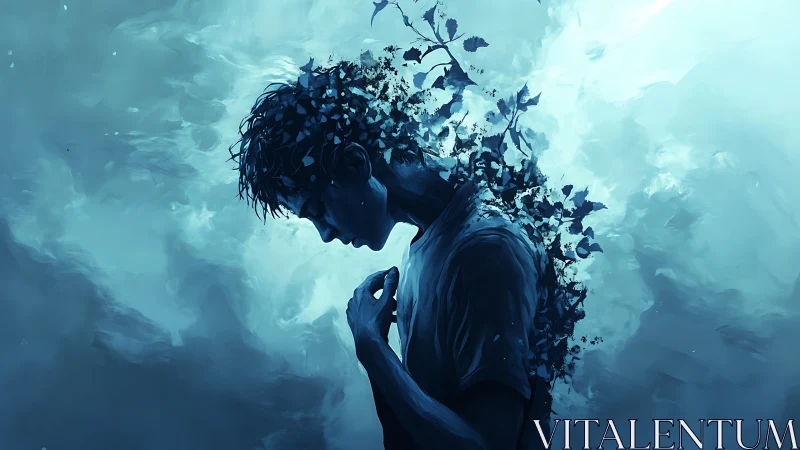 Melancholic figure dissolves into leaves and cool sky