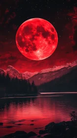 Blood-red supermoon over alpine lake under starry sky.