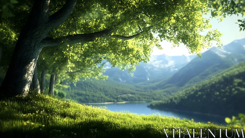Ray-traced hillside forest overlooking alpine lake and mountains