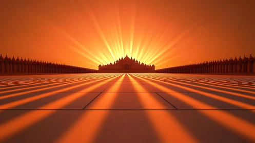 Majestic palace silhouette at sunrise with dramatic light rays.