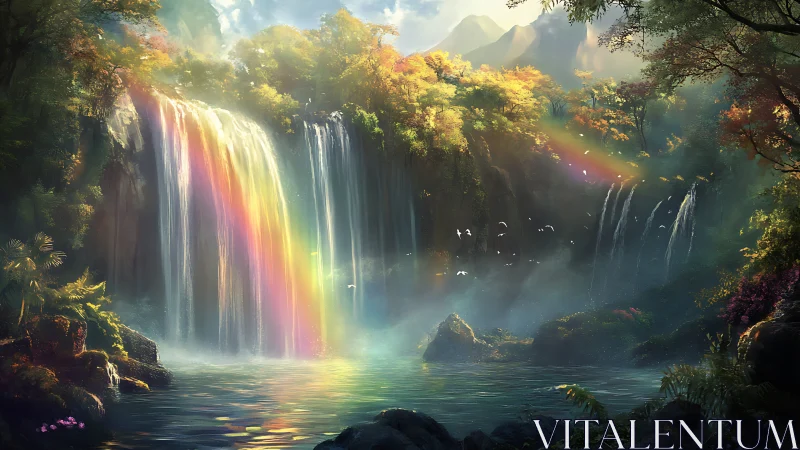 Rainbow-lit jungle waterfall cascades into misty lagoon