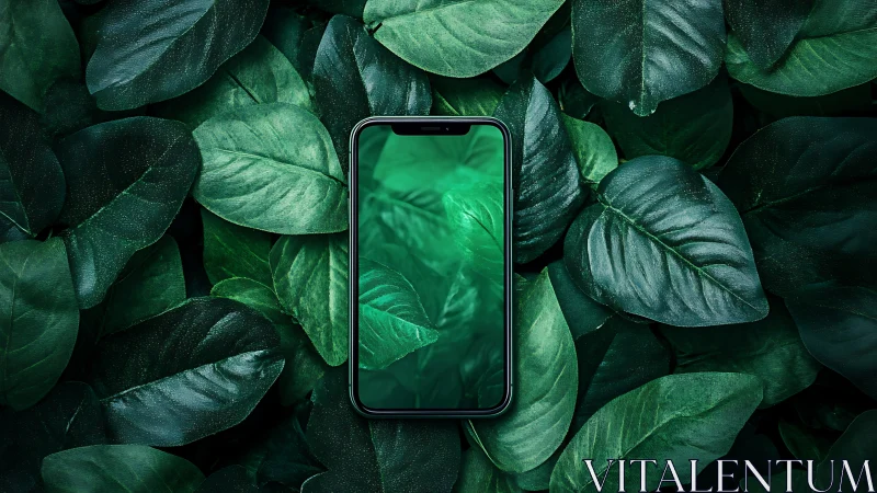 Smartphone window glows like a secret portal in wild leaves.