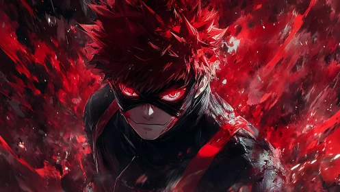 Vigilante in scarlet vortex with blazing crimson gaze.