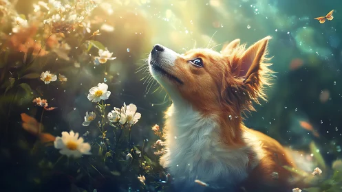 Digital rendering depicts small dog in flower field scene