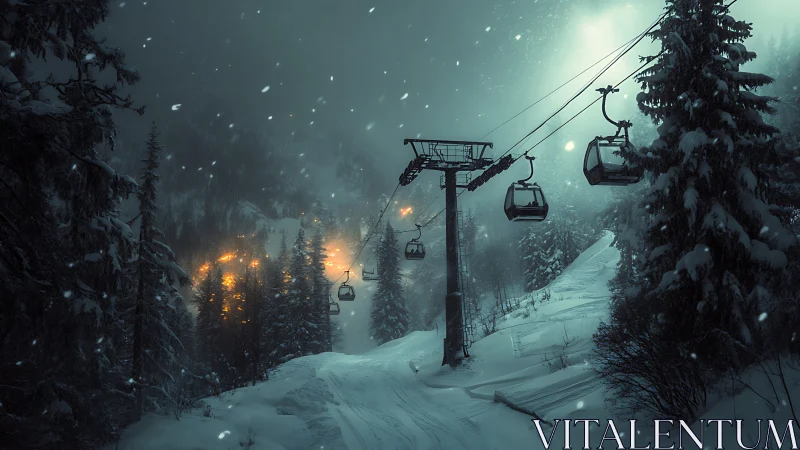 Snowy night gondola drifting above a quiet, glowing village.