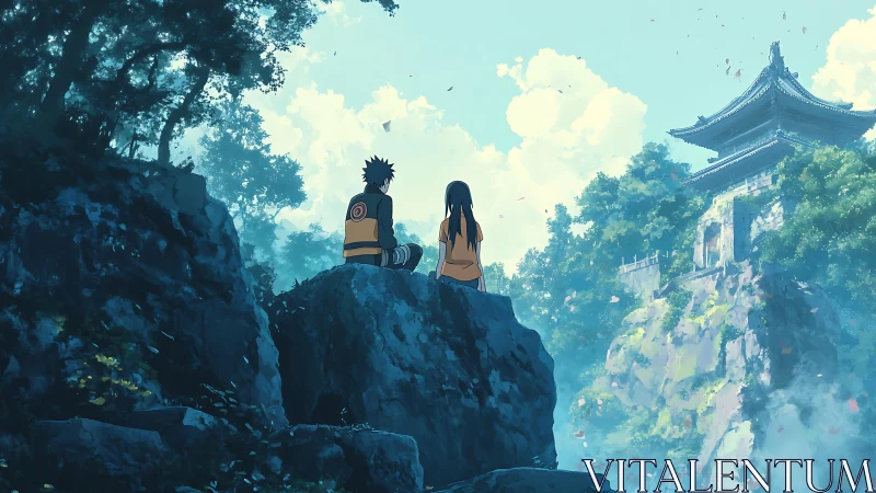 Two seated figures on cliff ledge facing distant temple.