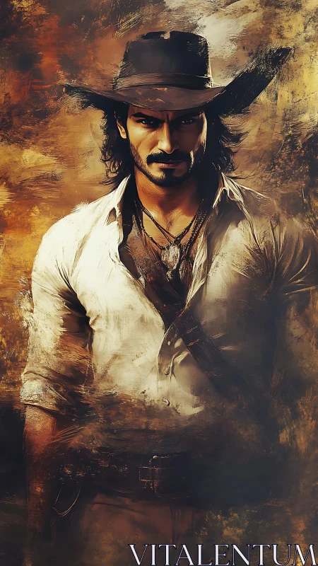 Rugged adventurer stands in dramatic painterly portrait