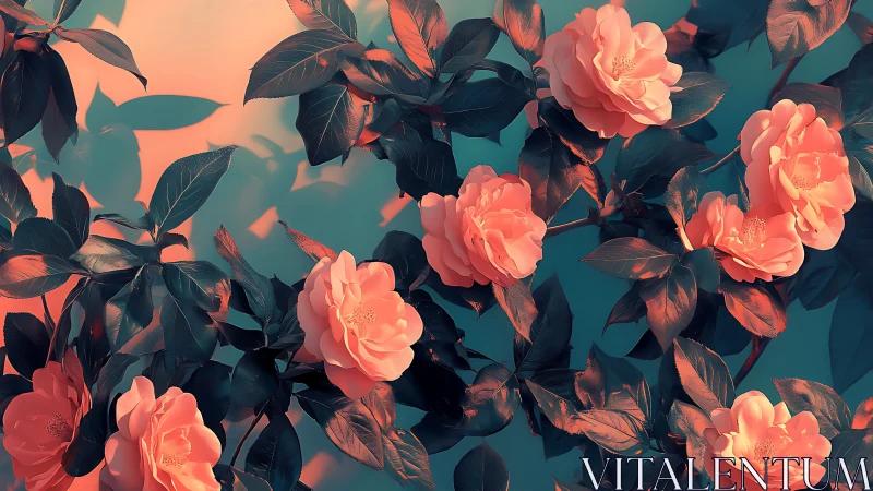 Coral roses with dark foliage against teal background.