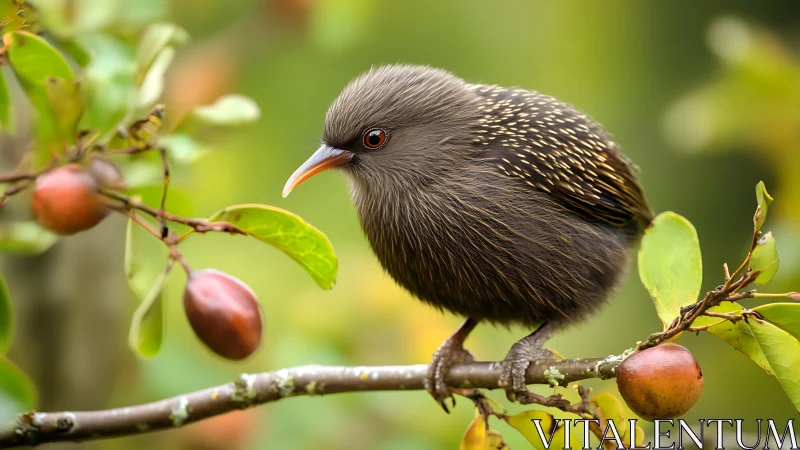Fluffy brown songbird on fruit tree with soft focus background.