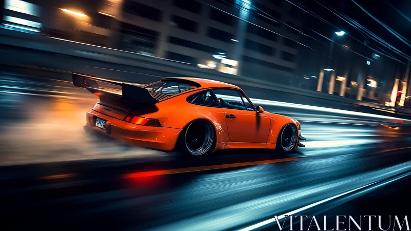 Orange street racer gliding through a neon soaked night drive.