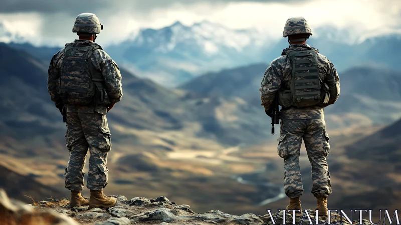 Two uniformed soldiers on elevated terrain overlooking valley.