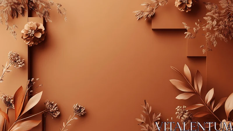 Monochrome terracotta floral relief with stepped geometric frame.