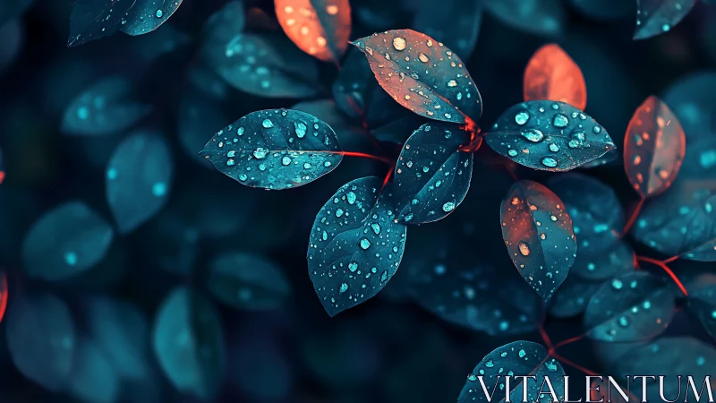 Rain-kissed teal and coral leaves glowing in gentle twilight.